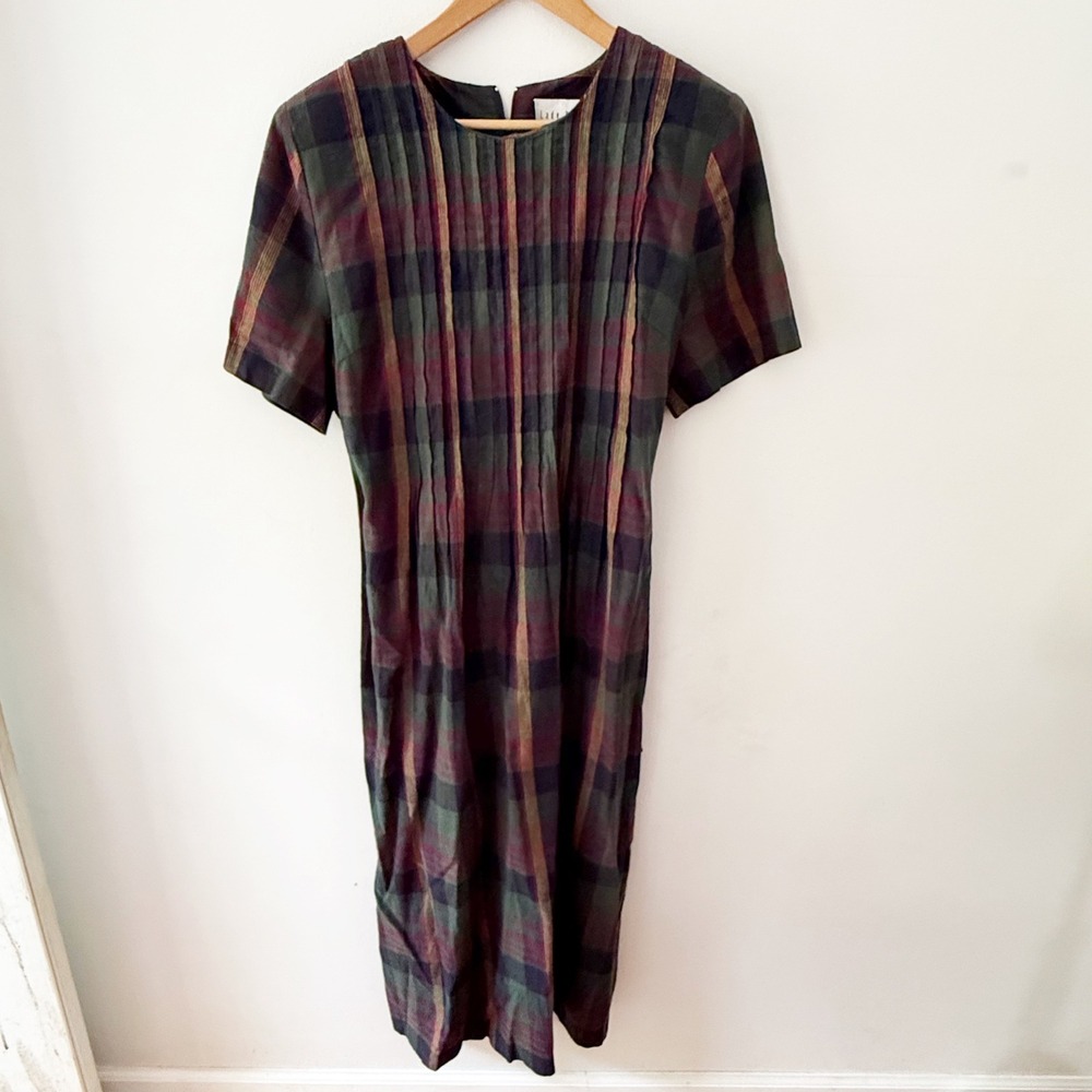 Vintage 90s Dress Women 16W Multi Plaid Linen Blend Dark Academia Cottage Granny